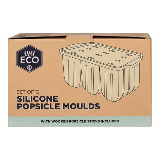 Box of silicone popsicle moulds with wooden sticks included, featuring Ever Eco branding.