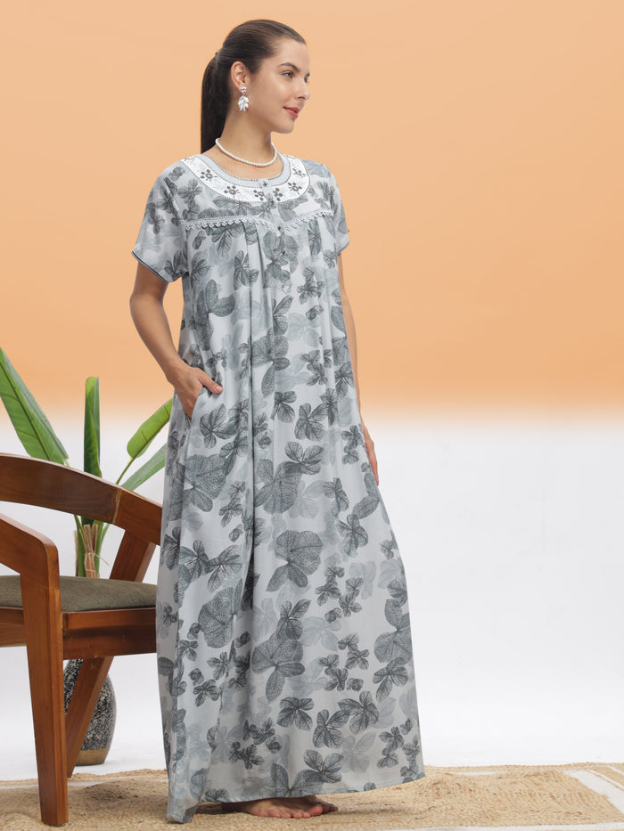 Elegant Silver Leaf Alpine Maxi Nighty For Women