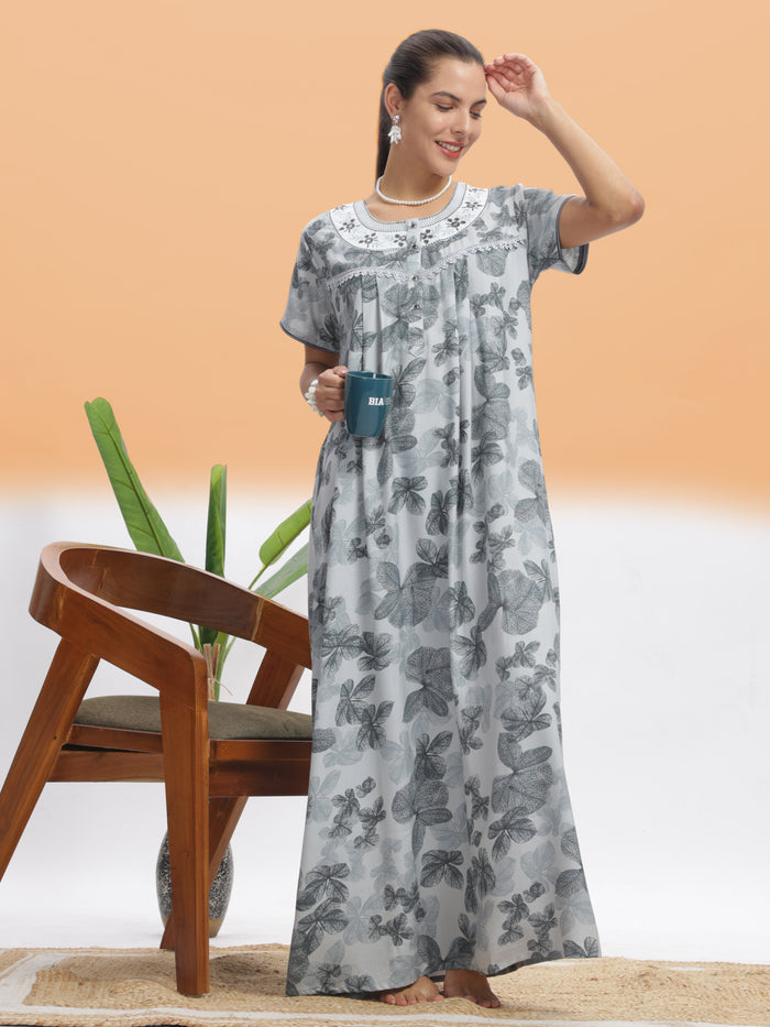 Elegant Silver Leaf Alpine Maxi Nighty For Women