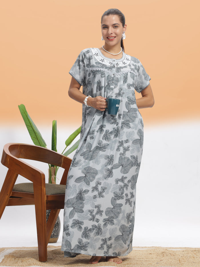 Elegant Silver Leaf Alpine Maxi Nighty For Women