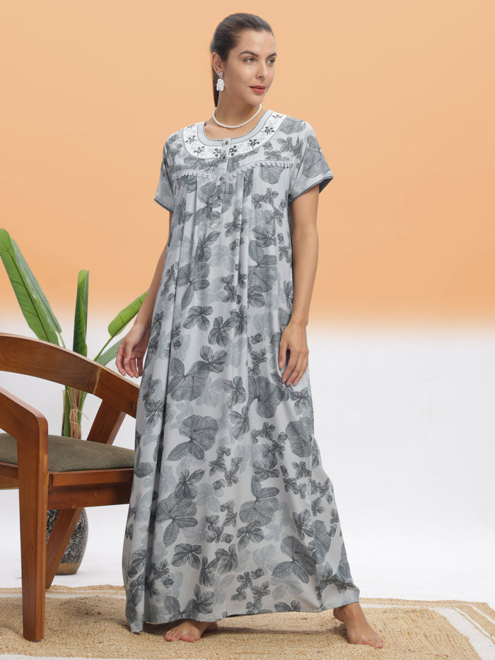Elegant Silver Leaf Alpine Maxi Nighty For Women