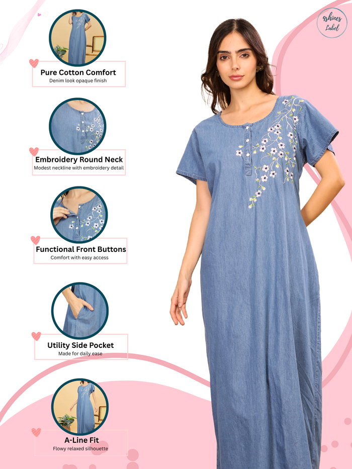 Sky Blue Cotton Nighty with Elegant Floral Embroidery | A-Line Design