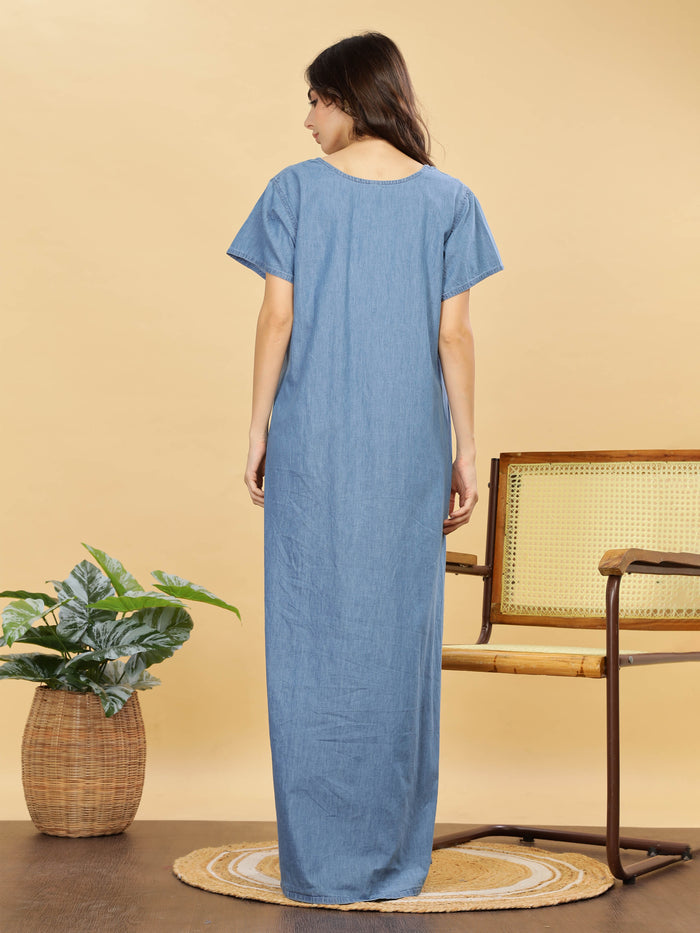 Sky blue cotton nighty for women with floral embroidery