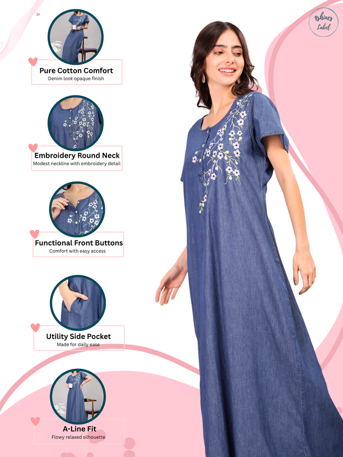Soft Cotton Denim Blue Nighty with Floral Embroidery | Relaxed Fit