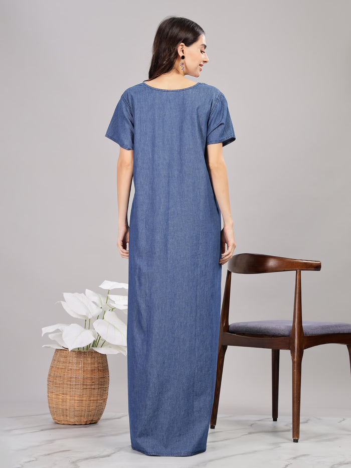 Denim Blue Cotton Nighty with Floral Embroidery