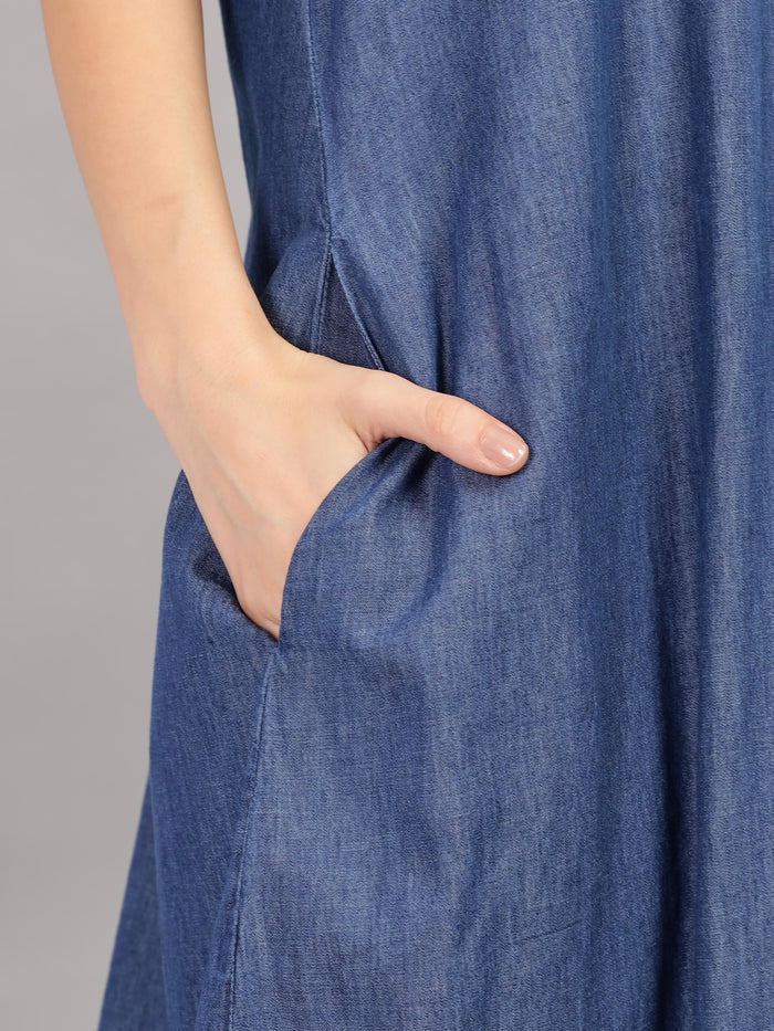 Denim Blue Cotton Nighty with Floral Embroidery