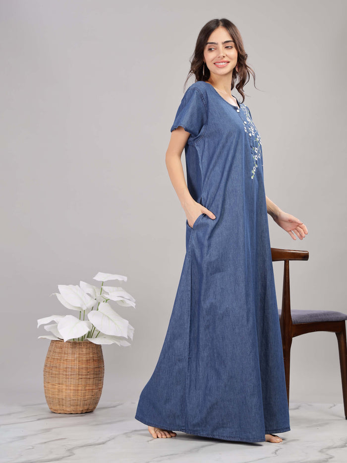 Denim Blue Cotton Nighty with Floral Embroidery