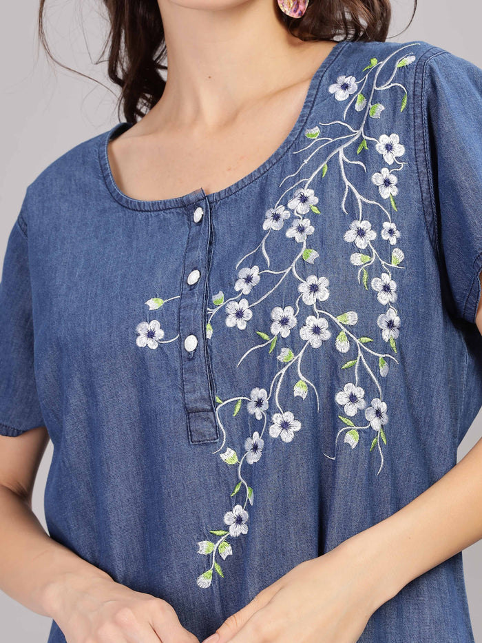 Denim Blue Cotton Nighty with Floral Embroidery