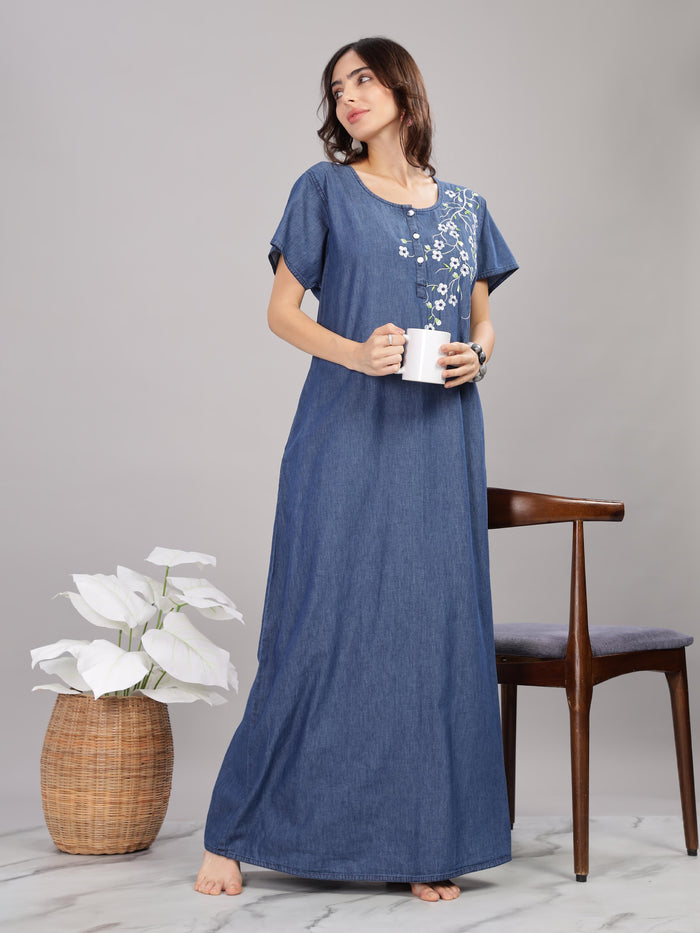 Denim Blue Cotton Nighty with Floral Embroidery