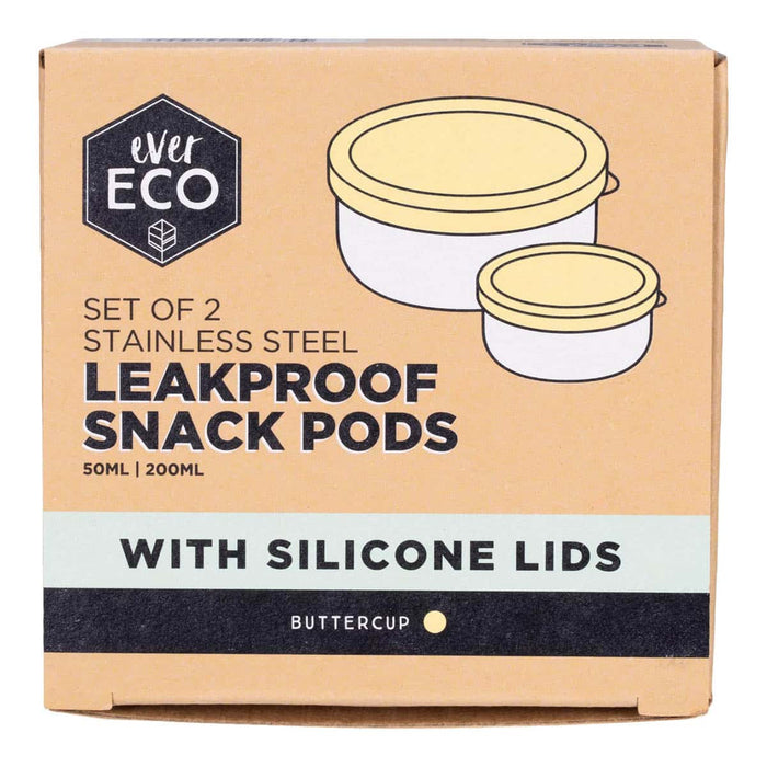 Box of Ever Eco Stainless Steel Leakproof Snack Pods with silicone lids in buttercup yellow.