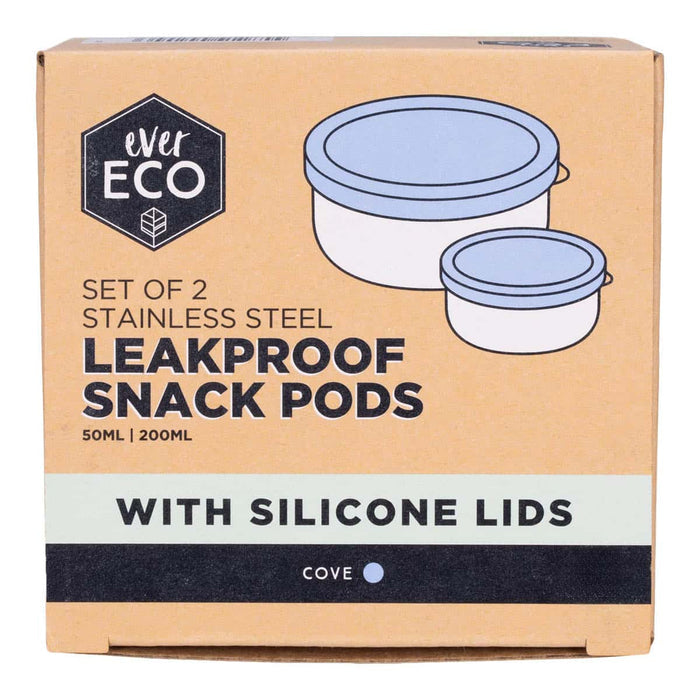 Box of Ever Eco stainless steel leakproof snack pods with silicone lids in 'cove' blue on a white background.