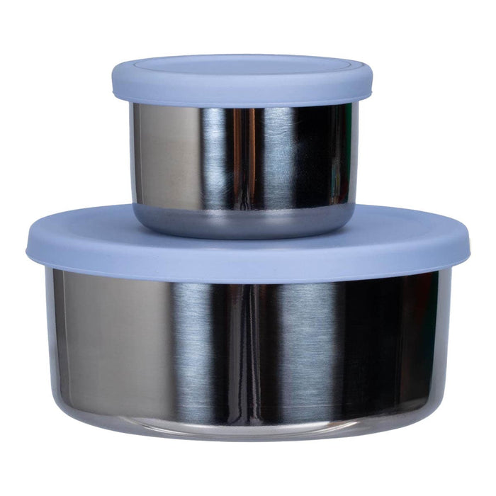Two stainless steel snack pods stacked on top of each other with blue silicone lids.