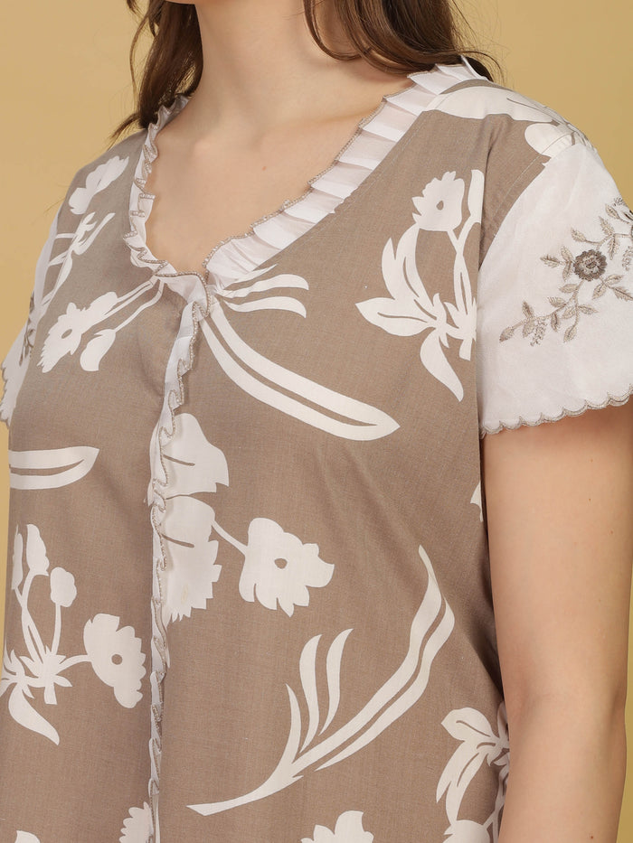 Stylish Grey Floral Night dress For Women with Embroidery
