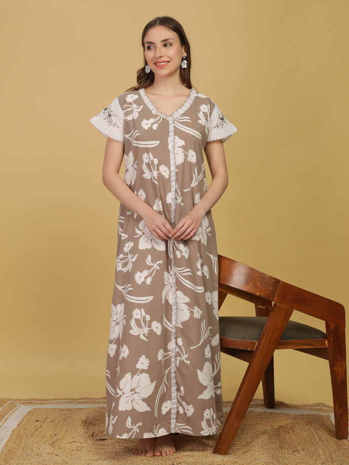 Stylish Grey Floral Night dress For Women with Embroidery