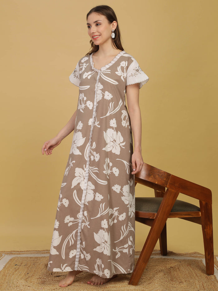 Stylish Grey Floral Night dress For Women with Embroidery