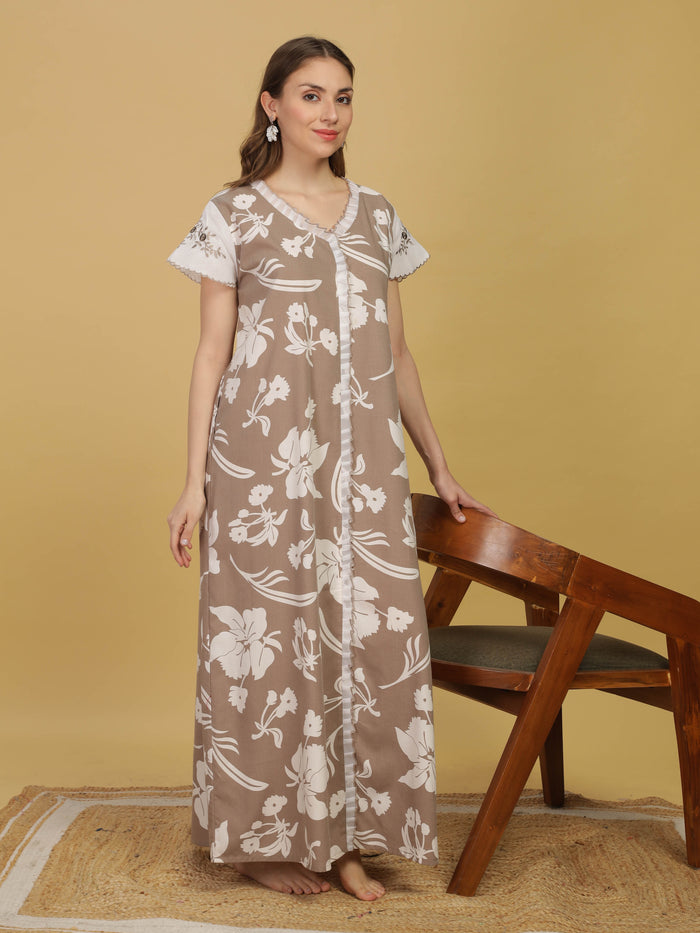 Stylish Grey Floral Night dress For Women with Embroidery