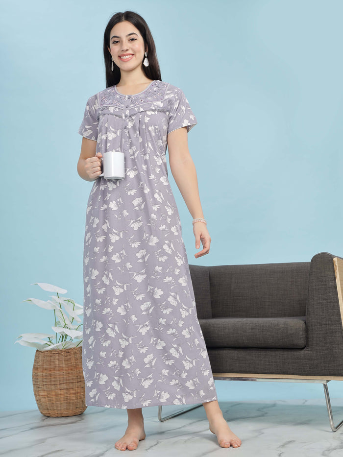 Chic Lavender Pleated Design Front Open Nighty For Women