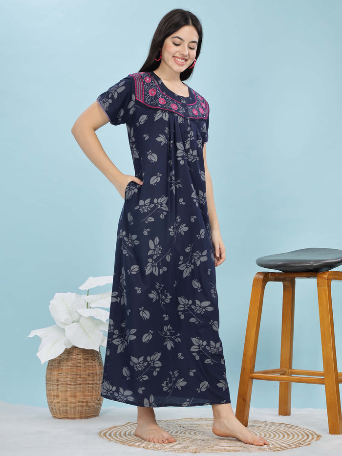 Navy Blue Nightie For Women with Embroidered Neckline
