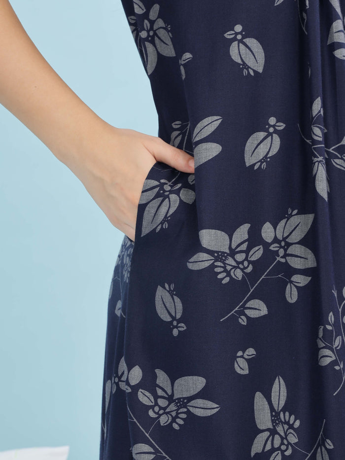 Navy Blue Nightie For Women with Embroidered Neckline