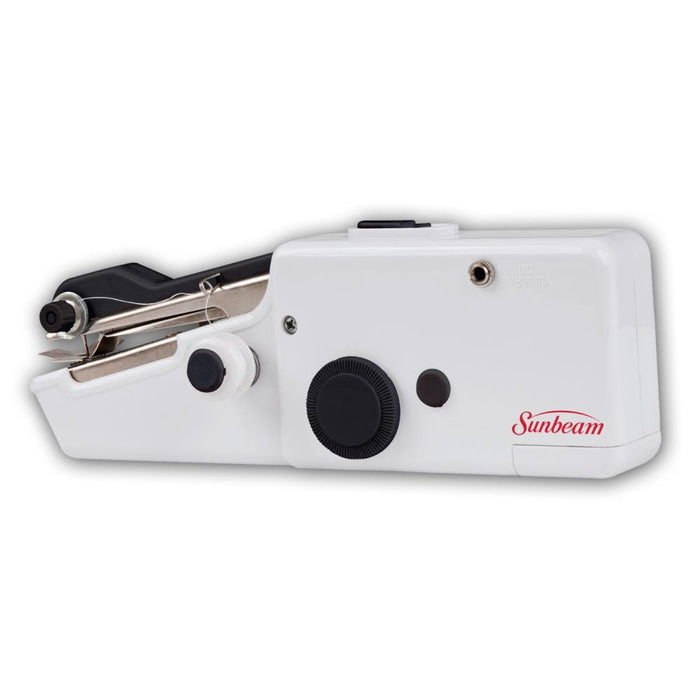 Sunbeam - Cordless Handheld Sewing Machine - White. A portable and powerful handheld sewing machine perfect for sewing quick fixes. Battery-powered, making it ideal for both travel and home. Available at Embellish Away located in Bowmanville Ontario Canada.