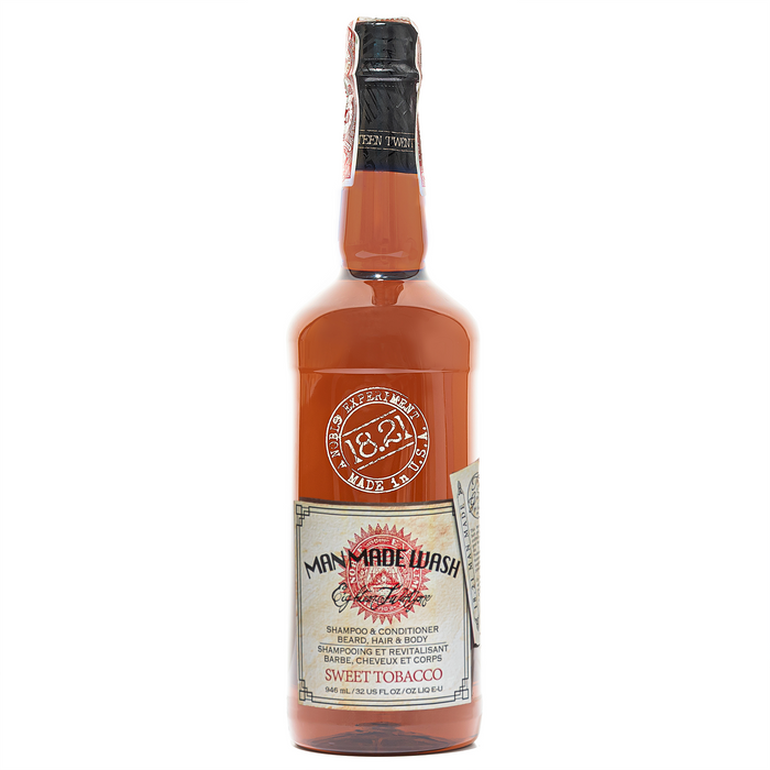18.21 Man Made Sweet Tobacco Wash 32oz Size. Gentle cleansing & moisturizing bath gel for beard, hair & body.