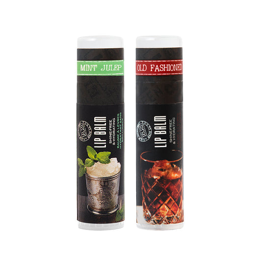Two lip balm tubes labeled 'Mint Julep' and 'Old Fashioned' on a white background.