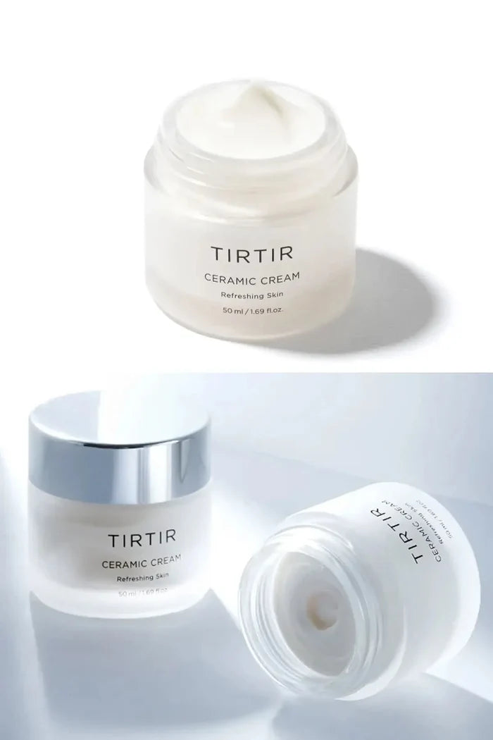 Rich, glossy texture of TIRTIR Ceramic Cream inside the open jar, designed to create a radiant Glass Skin look.