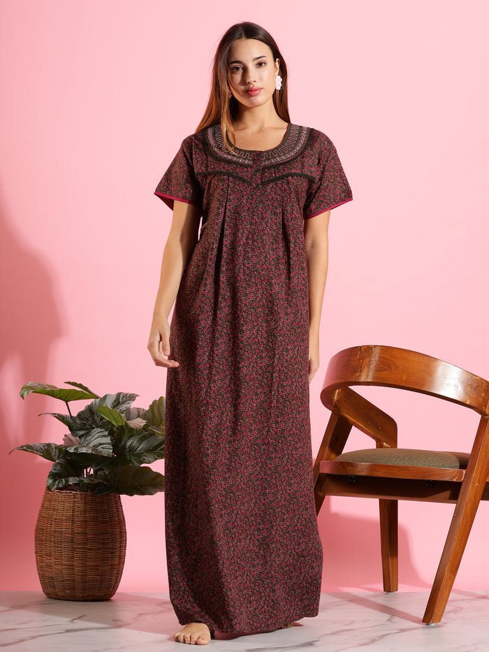 Stylish Floral Dark Green Front Open Nighty For Women