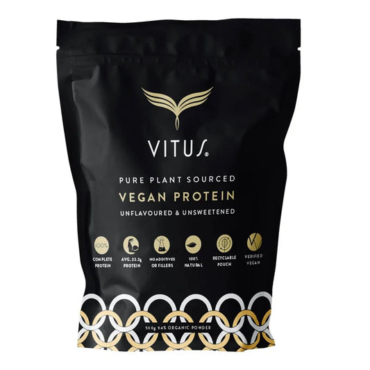 500g resealable pouch of VITUS Vegan Protein. Complete protein source, no additives or fillers, 100% natural, recyclable pouch.