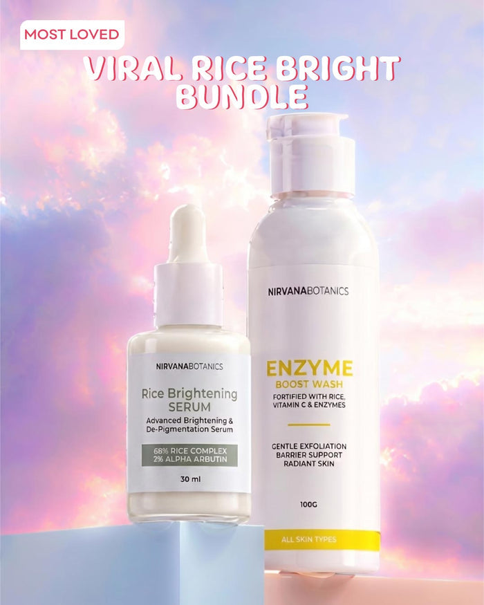 Nirvanabotans Rice Brightening Serum and Enzyme Boost Wash in a skincare bundle, set against a pastel sky background with clouds and the text 'VIRAL RICE BRIGHT BUNDLE'.