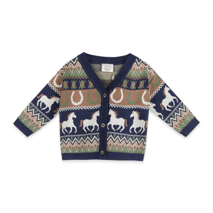 Navy Western Jacquard Knit Baby Cardigan, Organic Cotton