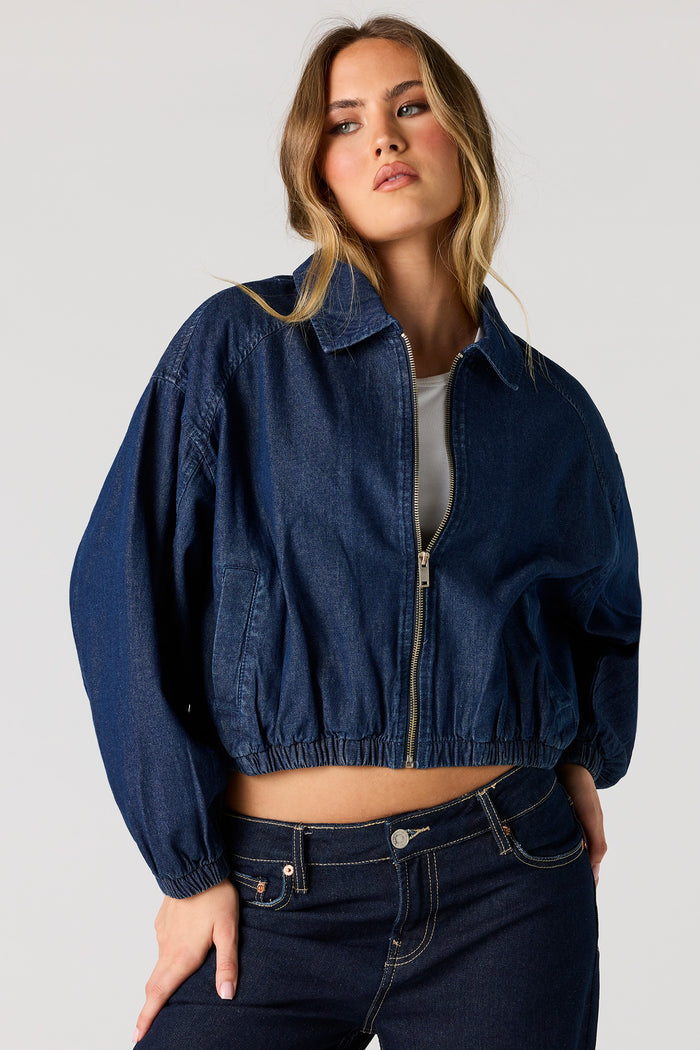 Zip-Up Denim Bomber Jacket